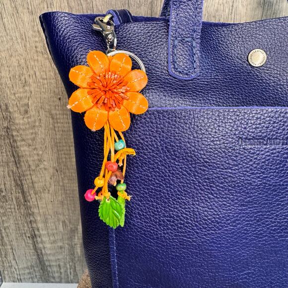 Leather Flower Purse Charm Genuine Leather Bag Charm NEW FAST SHIP - Picture 1 of 6